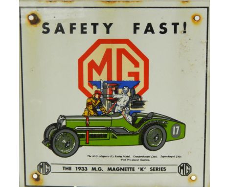 An MG "Safety Fast!" enamel sign, depicting the 1933 Magnette K series, 22cm square.