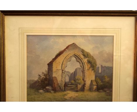 British School (19thC); Figure by a gate at the entrance to an Abbey ruins, watercolour, signed indistinctly, 24.5cm by 31.5c