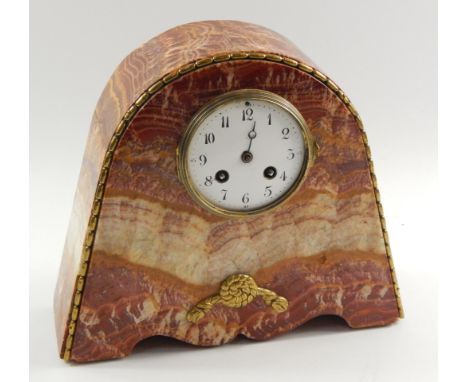 A French red variegated marble mantel clock, early 20thC, of domed form with brass overlay, circular enamel dial bearing Arab