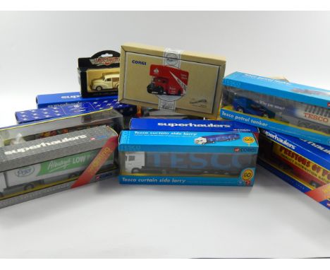 A quantity of Corgi die cast models of lorries and tankers, scale 1:64, boxed, comprising; Tesco petrol tanker, Tesco, Polloc