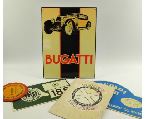 Redex Service aluminium sign, modern Bugatti sign, and other items.