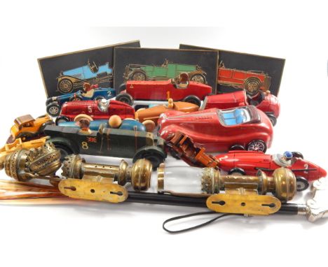 Wooden models of vintage racing cars, biscuit tin, shoe horn and pair of brass lamps.
