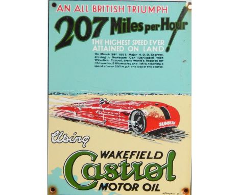 A Castrol Wakefield Motor Oil enamel sign, depicting the 207mph land speed record, 25cm x 19cm.