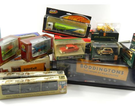 A quantity of Corgi and other die cast vehicles, boxed, including a 40th Anniversary gold plated Jaguar MKII and Mini, Carara