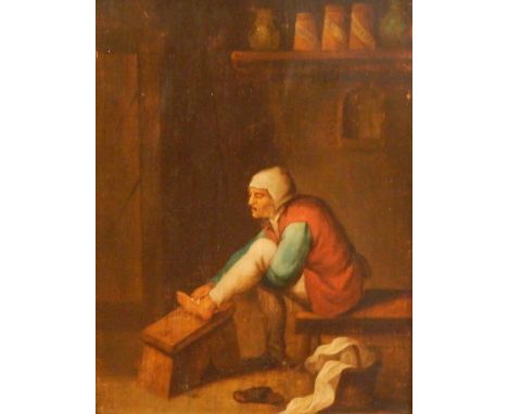 18thC Flemish School.  Interior scene figure washing foot, shelf in the distance, oil on panel, signed, 23cm x 18cm.