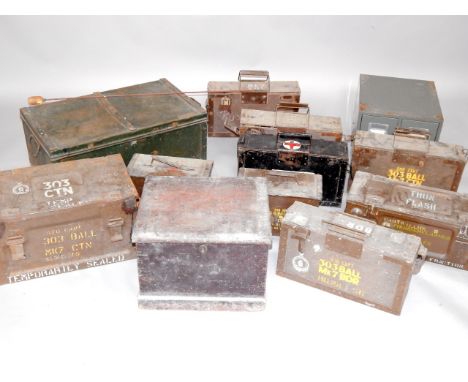 A quantity of military ammunition and other tin boxes, some containing spent bullet cases. (10)
