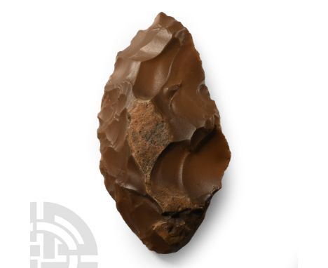 Lower Palaeolithic Period, 450,000-280,000 B.P. Ovate in plan with some cortex remaining, inked label 'MP1'.  85 grams, 95 mm