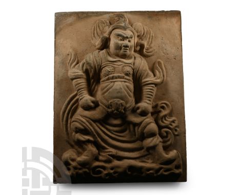 Song Dynasty, 960-1279 A.D. or later. With high-relief image of a warrior standing with hands resting on his spread legs, wea