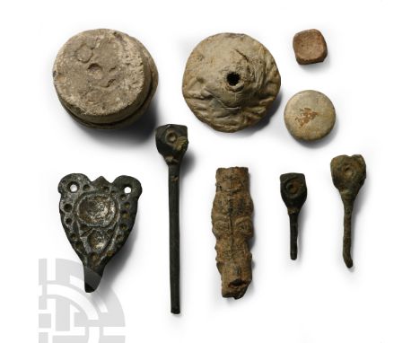 9th-11th century A.D. Including lead weights, a hooked tag, spindle whorl and other items.  73 grams total, 7-40 mm (1/4 - 1 