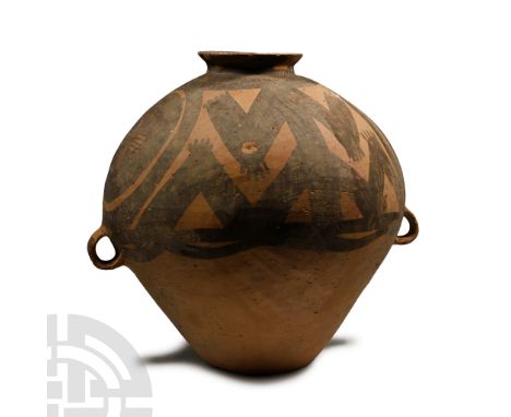 Neolithic Period, 3rd millennium B.C. Piriform bodied and painted with a figurative frog design; two loop handles to the equa