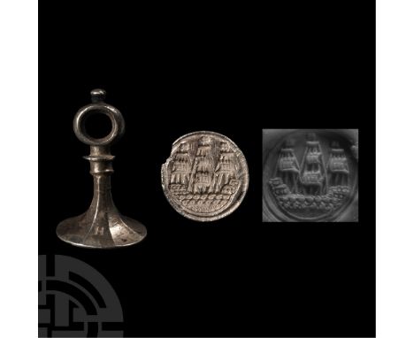 17th century A.D. With hexagonal-section shank, collar and round suspension loop; to the circular face an intaglio design of 