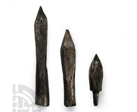 15th-16th century A.D. Comprising three hefty bolts, two socketted and one with a short tang.  174 grams total, 5.5-10.6 cm (