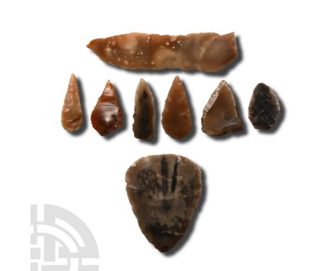 Neolithic Period, 5th-3rd millennium B.P. Comprising: leaf-shaped and triangular arrowheads, a single-edged blade and a scrap