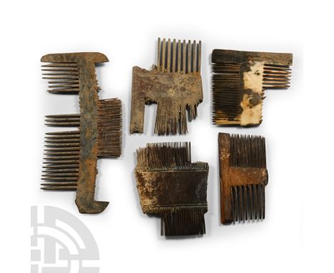 14th-16th century A.D. Including double-sided bone combs with fine-cut teeth, horn comb and other types.  40 grams total, 5.5