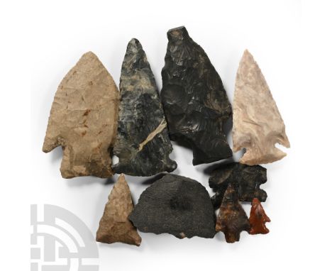 Late Archaic Period, 10,000-6,000 B.P. Including barbed-and-tanged arrowheads in various materials.  81 grams total, 17-65 mm
