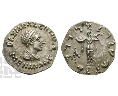 Indo-Greek Kingdom, Menander I Soter AR Drachm.. Circa 155-130 BC. BAΣIΛEΩΣ ΣΩTHPOΣ MENANΔPOY, diademed and draped bust to ri