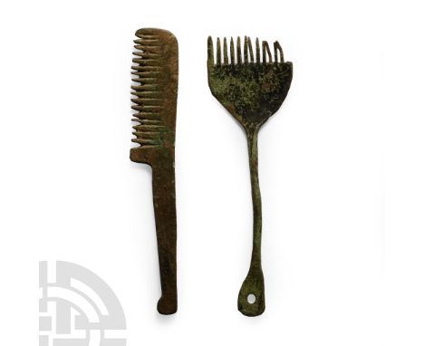 Circa 9th-11th century A.D. Flat-section comb with lateral cut teeth; D-shaped head with flat shank and pierced lobe finial, 