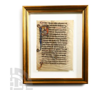 France, 13th century A.D. Manuscript leaf with Latin text in blackletter script with decorated illuminated capital 'P' from t