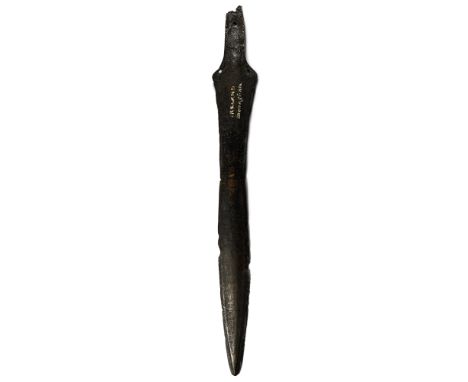 1300-800 B.C. Waisted leaf-shaped blade with rounded tip, stepped edges, flared shoulders with holes to accept fixing rivets,