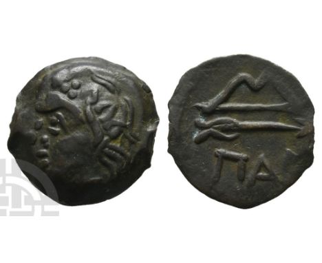 Cimmerian Bosporos, Pantikapaion AE 15mm.. Circa 250-200 BC. Wreathed head of Pan to left / ΠΑΝ beneath bow and arrow. MacDon