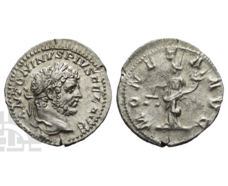 Caracalla AR Denarius.. AD 198-217. Rome mint; struck AD 213. ANTONINVS PIVS FEL AVG, laureate head to right / MONETA AVG, Mo