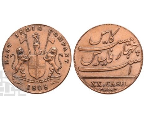 East India Company. Admiral Gardiner Shipwreck CU 20 Cash.. Dated 1808. EAST INDIA COMPANY, arms of the East India Company, d