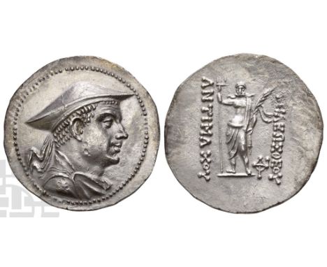 Graeco-Bactrian Kingdom, Antimachos I Theos AR Tetradrachm.. Circa 180-170 BC. Diademed and draped bust to right, wearing kau