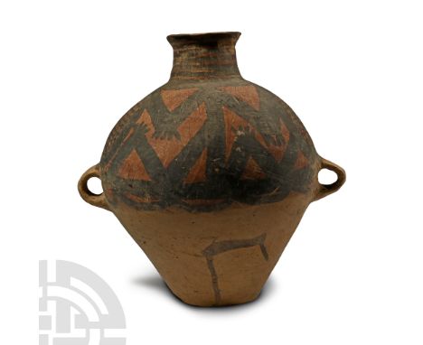 Neolithic Period, 3rd millennium B.C. Piriform bodied and painted with a figurative frog design; two loop handles to the equa