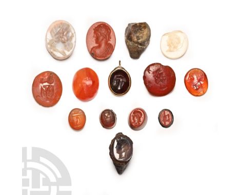 1st-3rd century A.D. Group of mainly carnelian cloisons with intaglio designs including eagle, profile bust, Serapis, winged 