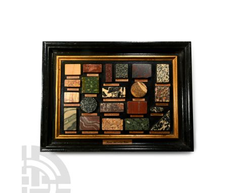 1st-4th century A.D. Group of cut and polished stone fragment specimens mounted in on a wooden board with frame; manuscript t