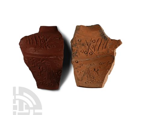 3rd-4th century A.D. Fragment of terracotta mould for a bowl, sidewall and rim with impressed decoration: horizontal bands to