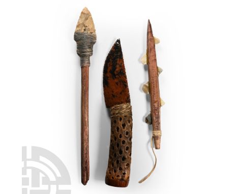 20th century A.D. Including a mahogany obsidian blade with Cholla cactus handle and Kao tree butt and other items.  102 grams