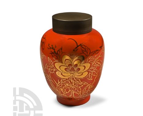 20th-21st century A.D. Glazed ceramic tea caddy with gilt chrysanthemum ornament, in a silk-lined wooden presentation box wit