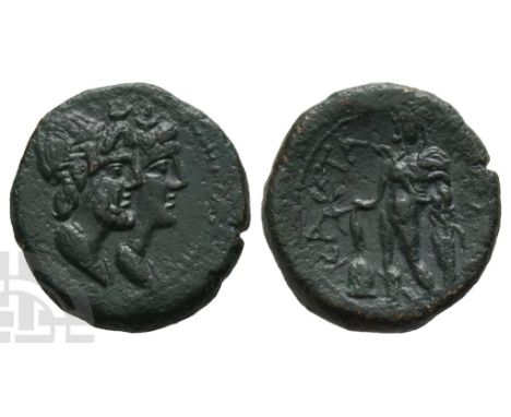 Sicily, Katane AE Chalkous.. Late 3rd century BC. Jugate busts of Serapis, laureate and wearing Atef crown and Isis, wearing 