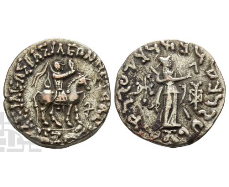 Indo-Scythians, Azes AR Tetradrachm.. Circa 58-12 BC. ΒΑΣΙΛΕΩΣ ΒΑΣΙΛΕΩΝ ΜΕΓΑΛΟΥ ΑΖΟΥ, king on horseback to right, holding whi