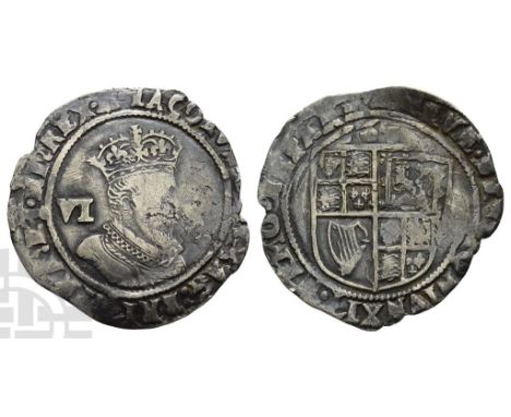 England. Stuart, James I AR Sixpence.. 1603-1625. Tower (London) mint; i.m: bell. Dated 16-?. Second Coinage. •(Bell)• IACOBV