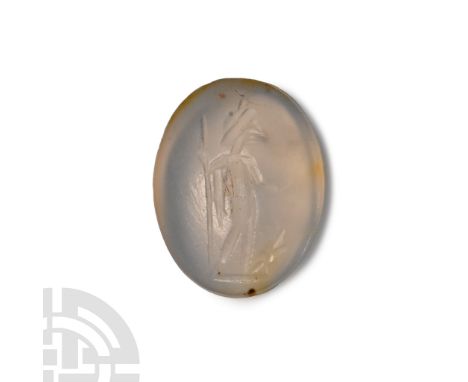 2nd-3rd century A.D. An oval intaglio with convex faces, engraved with an image of standing god Jupiter holding a long spear,