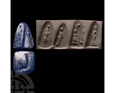Circa 500 B.C. Square in section, sides tapering to the pierced apex; sequence of four intaglio figures: female on a hatched 