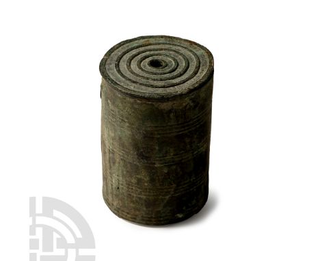 2nd-3rd century A.D. Tubular in construction with concentric rings to base and in groups on the sidewall, lid with rings and 