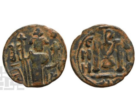 Arab-Byzantine, Umayyad Caliphate AE Fals.. Circa AD 660-680. Hims (Emesa) mint. Type VI, 'Standing Emperor'. Standing Imperi