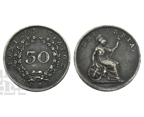 Greece. Ionian Islands, British Administration AR 30 Lepta.. 1834-1862. London mint. Dated 1862. ΙΟΝΙΚΟΝ ΚΡΑΤΟΣ.; denominatio