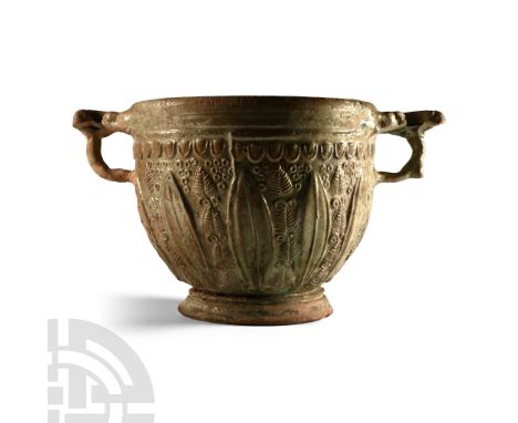 1st century B.C. With vertical leaf detailing to the bowl on a field of pellets with band of egg-and-dart below the ribbed ri