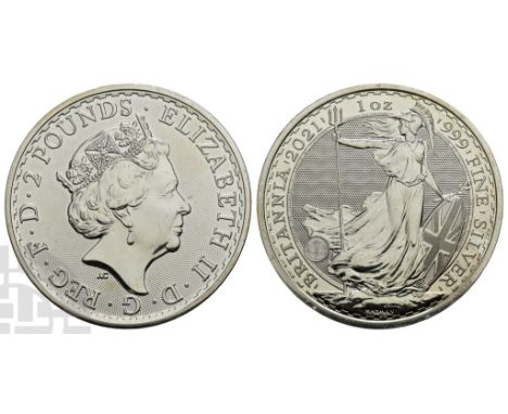 United Kingdom. Elizabeth II AR 2 Pounds.. 1952-2022. Royal Mint. Dated 2021. Silver Britannia Series. Design by Jody Clark a