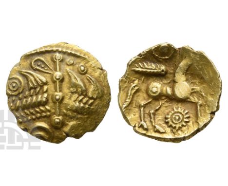 Celtic Britannia. The Trinovantes AV Quarter Stater.. Circa 55-45 BC. Rowntree Fern Leaf type. Wreath crossed by spike with f
