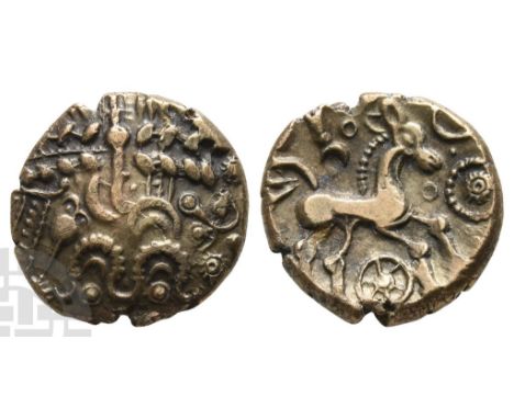Celtic Britannia. Belgae, Unknown Ruler AV Stater.. Circa 60-20 BC. Uninscribed coinage; 'Cheesefoot Head' type (SO5-6). Wrea