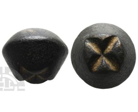Judaea. Cupcake-Shaped AE Weight of 4 Shekels.. Iron Age, circa 1000-500 BC. Black cupcake-shaped weight with engraved large 
