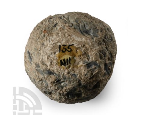 Neolithic Period, 6th-4th millennium B.P. Blue-grey spherical hammerstone with inked identification '135 MH' and label 'Neoli