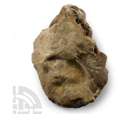Lower Palaeolithic Period, 450,000-280,000 B.P. Irregular in plan, water-worn with much cortex in situ, broad cutting edge; i