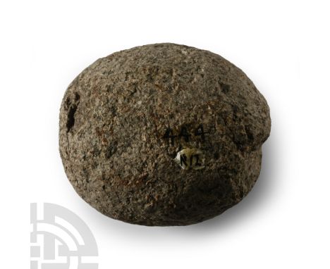 Neolithic Period, 6th-4th millennium B.P. Oblate in profile with inked legends 'N12', '444'.  273 grams, 68 mm (2 5/8 in.). [