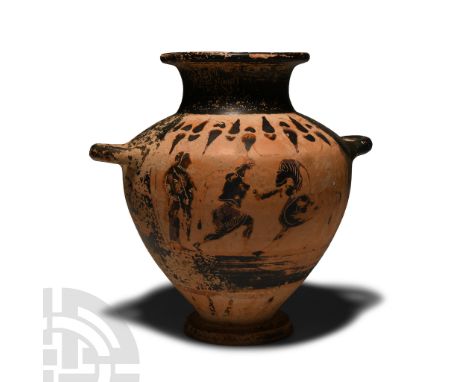 6th-5th century B.C. Tall vessel with narrow base and loop handles to the shoulder, strap handle to the rear; reserved figura